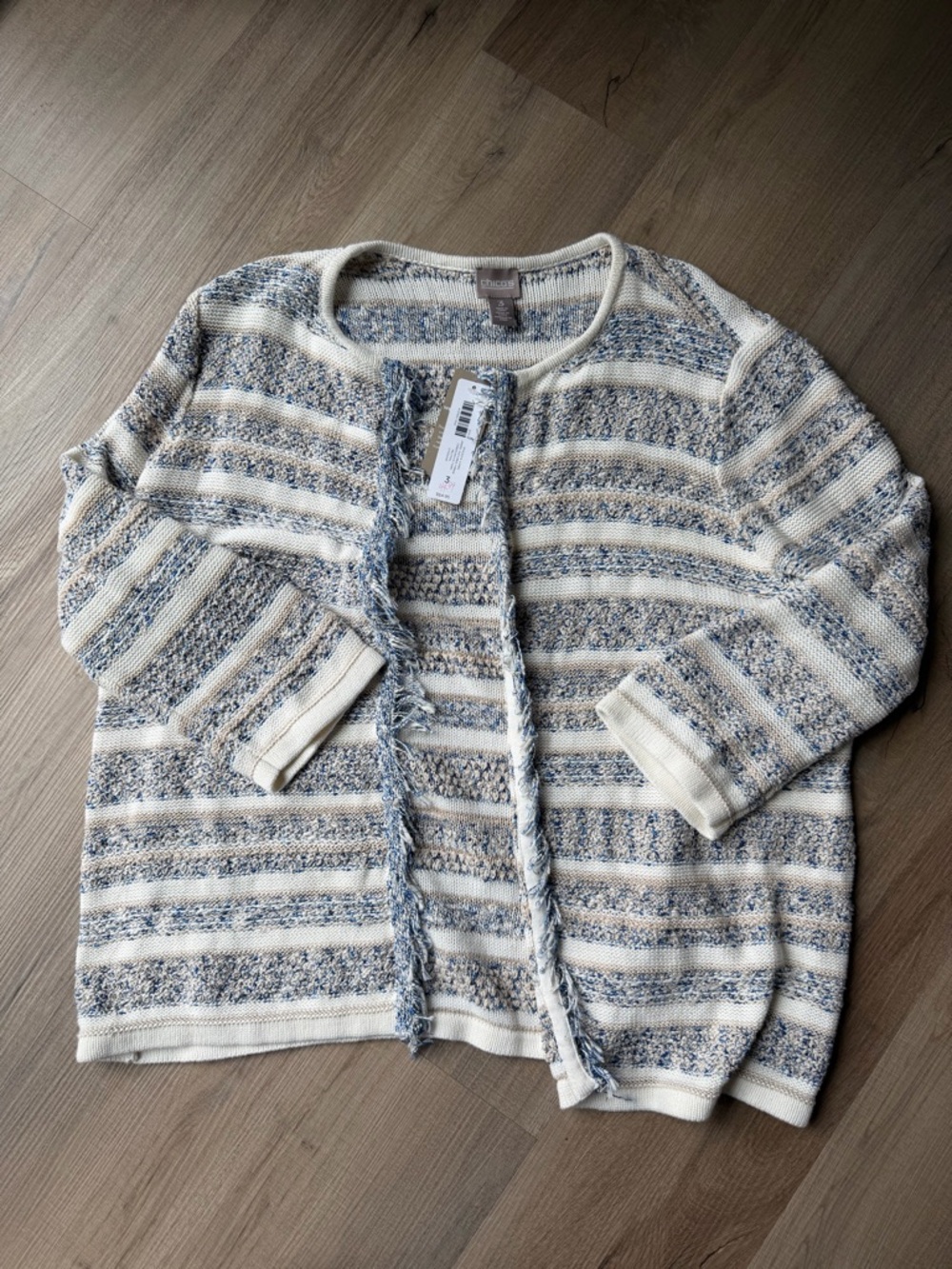 Chico's Cream and Light Blue Striped Fringe-Trim Cardigan